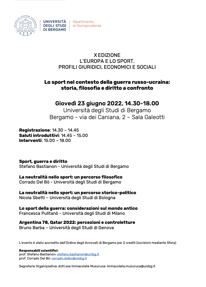 23 giugno 2022 – Lo sport nel contesto della guerra russo-ucraina: storia, filosofia e diritto a confronto