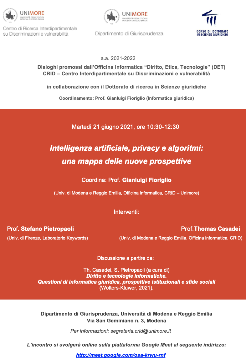(Italiano) 21 giugno 2022 – Intelligenza artificiale, privacy e algoritmi: una mappa delle nuove prospettive