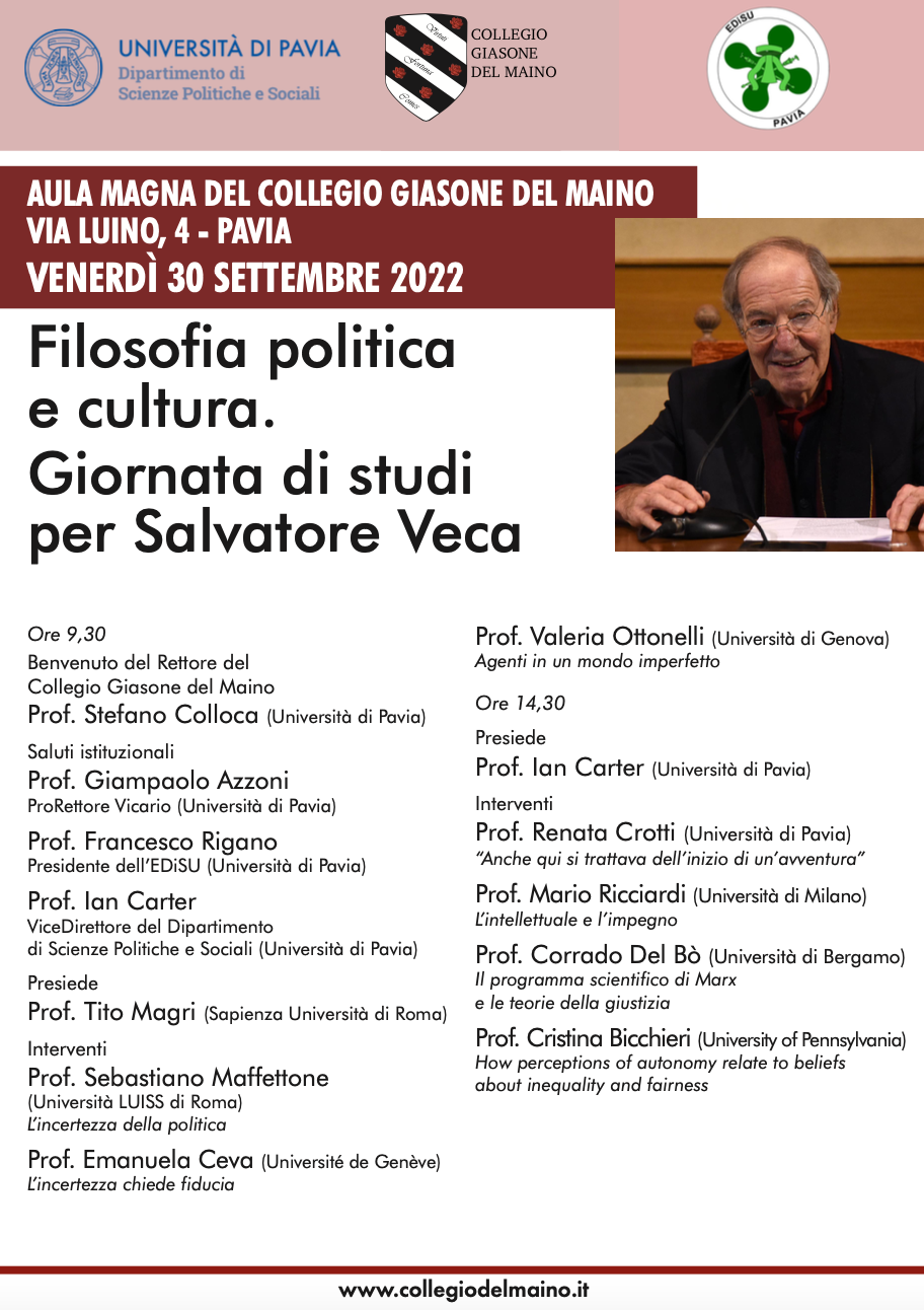 30 settembre 2022 – Filosofia politica e cultura. Giornata di studi per Salvatore Veca