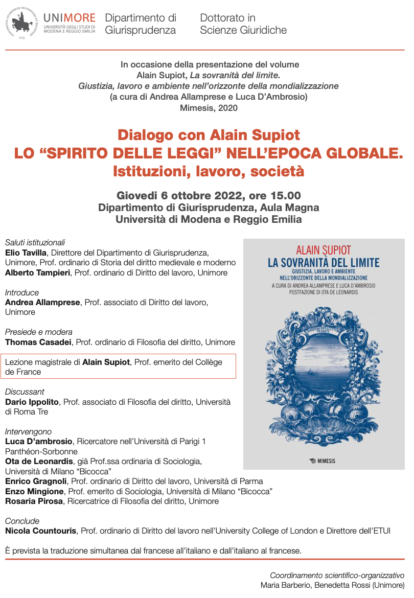 6 ottobre 2022 – Dialogo con Alain Supiot: LO “SPIRITO DELLE LEGGI” NELL’EPOCA GLOBALE. Istituzioni, lavoro, società