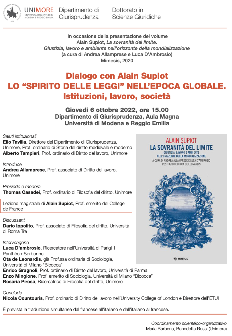 (Italiano) 6 ottobre 2022 – Dialogo con Alain Supiot: LO “SPIRITO DELLE LEGGI” NELL’EPOCA GLOBALE. Istituzioni, lavoro, società