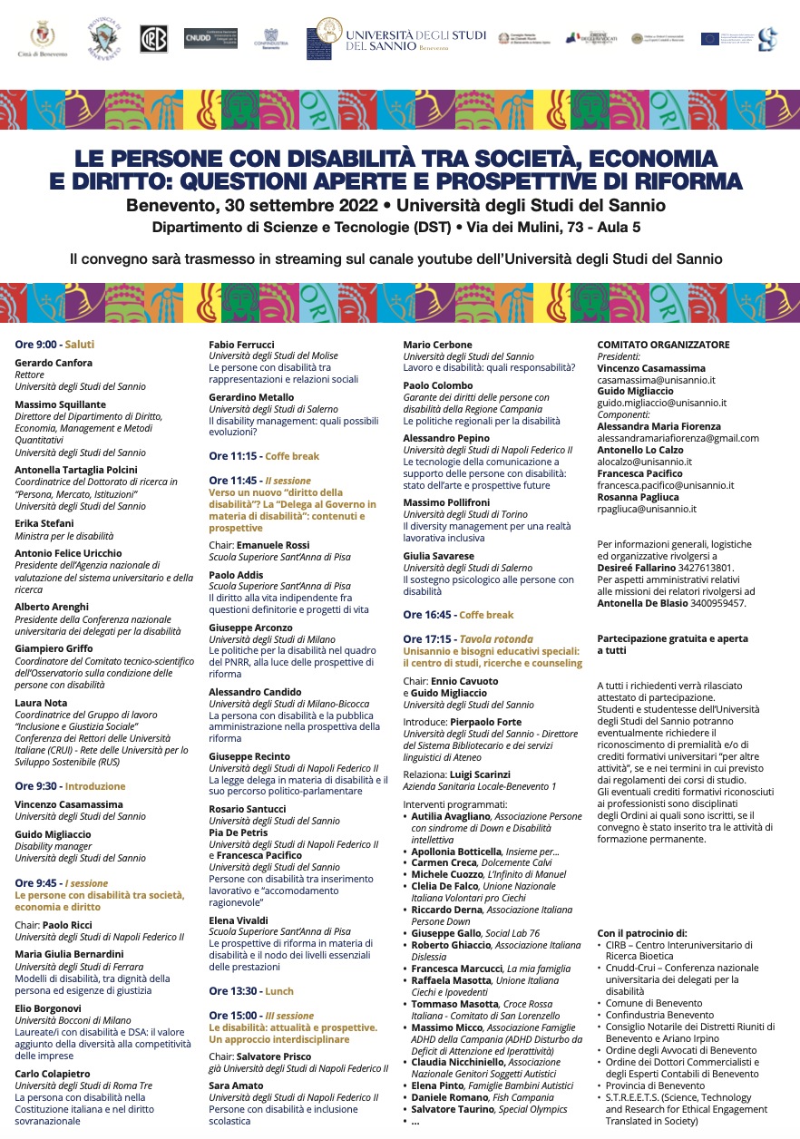30 settembre 2022 – LE PERSONE CON DISABILITÀ TRA SOCIETÀ, ECONOMIA E DIRITTO: QUESTIONI APERTE E PROSPETTIVE DI RIFORMA