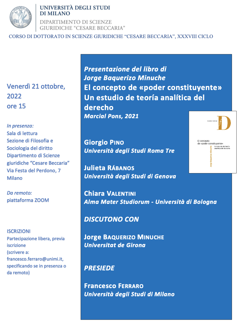 21 ottobre 2022 – El concepto de «poder constituyente». Un estudio de teoría analítica del derecho
