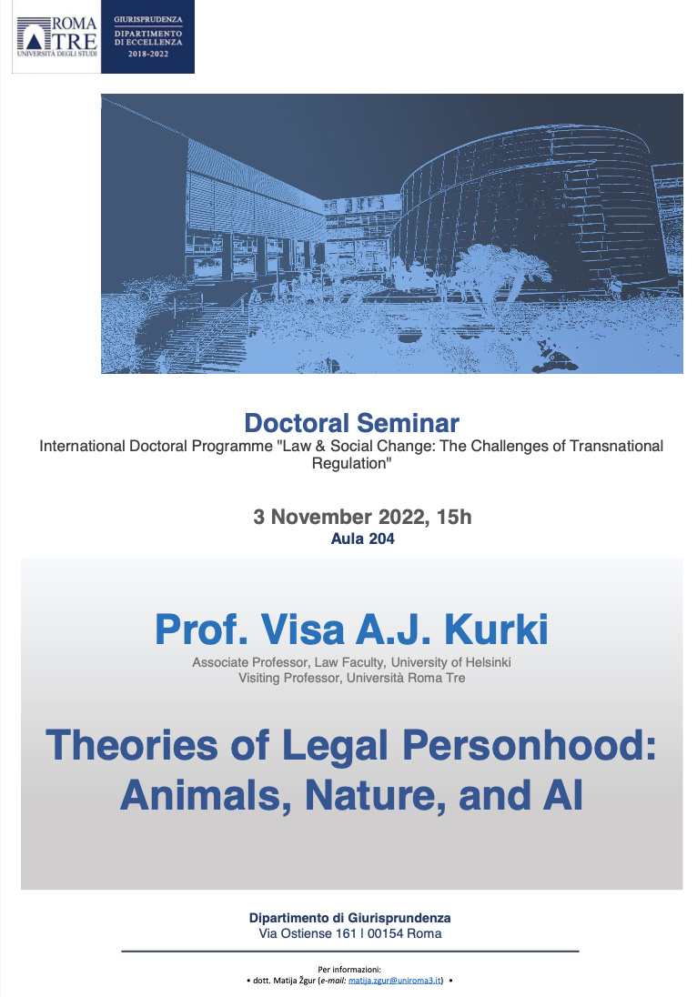 (Italiano) 3 novembre 2022 – Theories of Legal Personhood: Animals, Nature, and AI (Italiano) 3 novembre 2022 – Theories of Legal Personhood: Animals, Nature, and AI