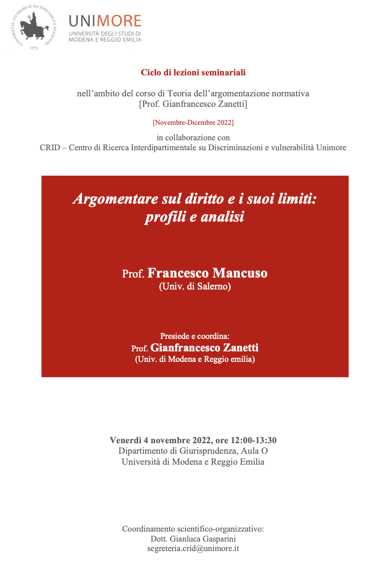 (Italiano) 4 novembre 2022 – Argomentare sul diritto e i suoi limiti: profili e analisi (Italiano) 4 novembre 2022 – Argomentare sul diritto e i suoi limiti: profili e analisi