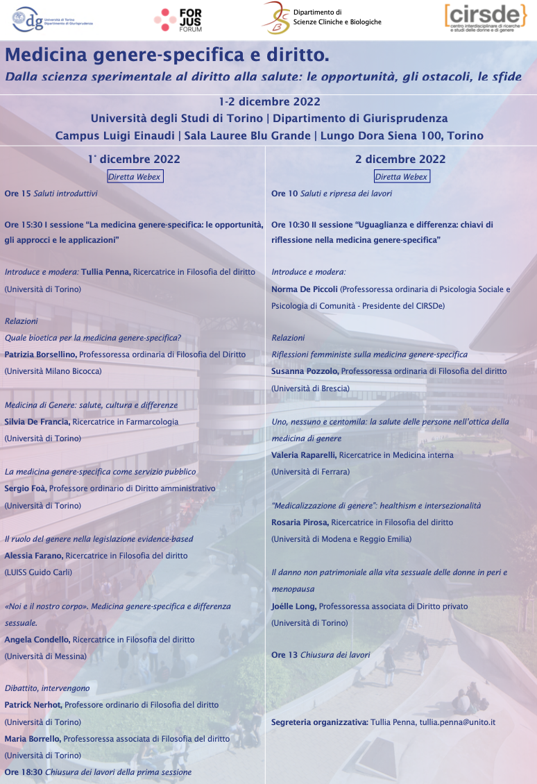 (Italiano) 1-2 dicembre 2022 – Medicina genere-specifica e diritto. Dalla scienza sperimentale al diritto alla salute: le opportunità, gli ostacoli, le sfide (Italiano) 1-2 dicembre 2022 – Medicina genere-specifica e diritto. Dalla scienza sperimentale al diritto alla salute: le opportunità, gli ostacoli, le sfide