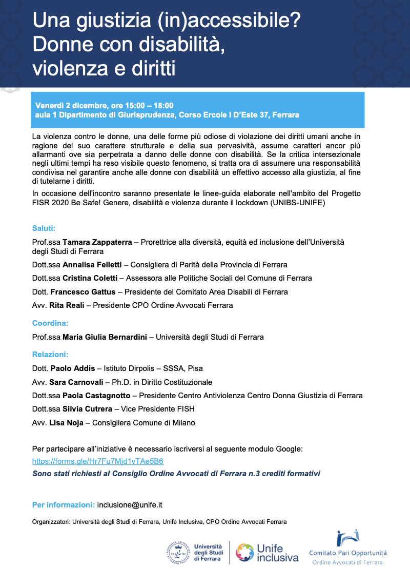 (Italiano) 2 dicembre 2022 – Una giustizia (in)accessibile? Donne con disabilità, violenza e diritti (Italiano) 2 dicembre 2022 – Una giustizia (in)accessibile? Donne con disabilità, violenza e diritti