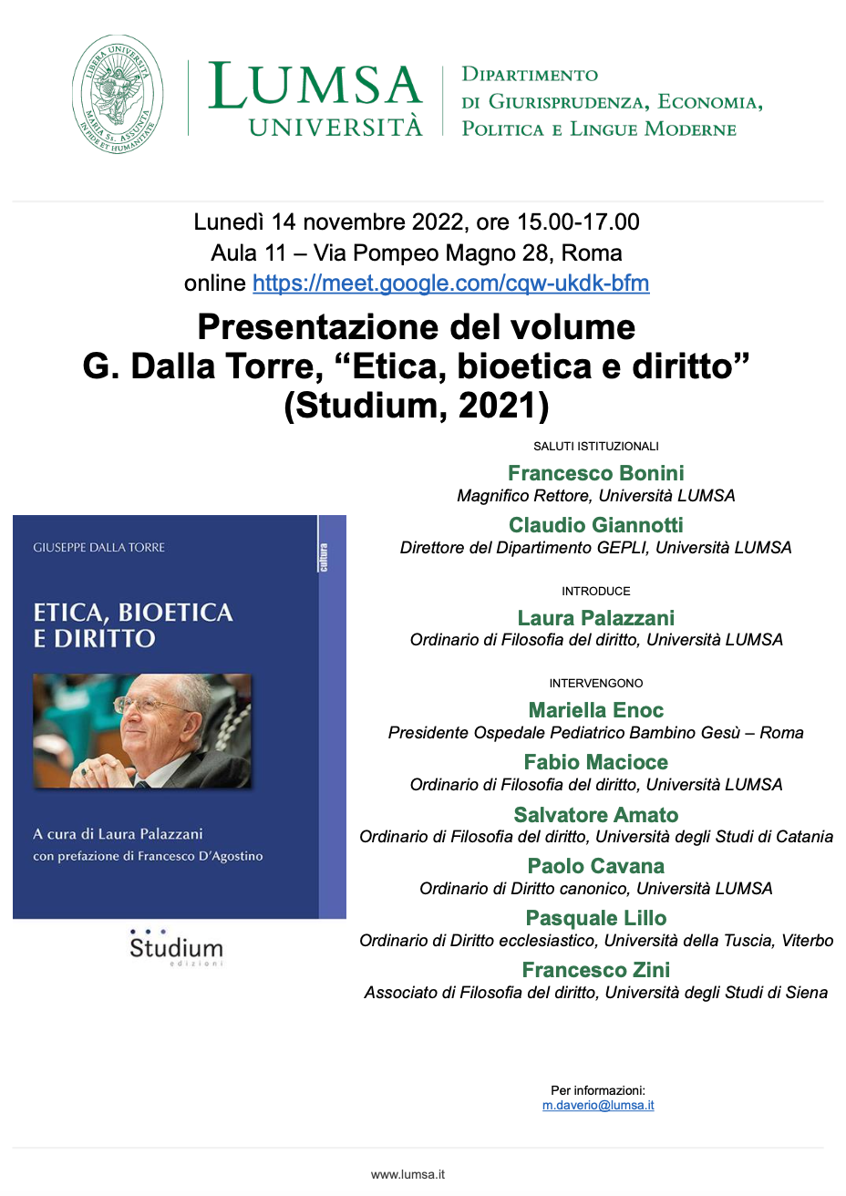 (Italiano) 14 novembre 2022 – Presentazione del volume “Etica, bioetica e diritto” (Italiano) 14 novembre 2022 – Presentazione del volume “Etica, bioetica e diritto”