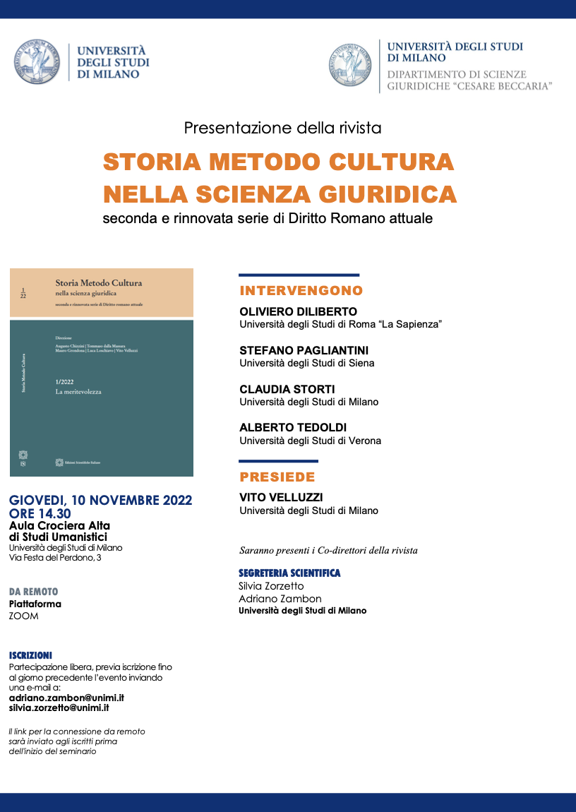 (Italiano) 10 novembre 2022 – Presentazione della rivista “Storia Metodo Cultura nella scienza giuridica” (Italiano) 10 novembre 2022 – Presentazione della rivista “Storia Metodo Cultura nella scienza giuridica”