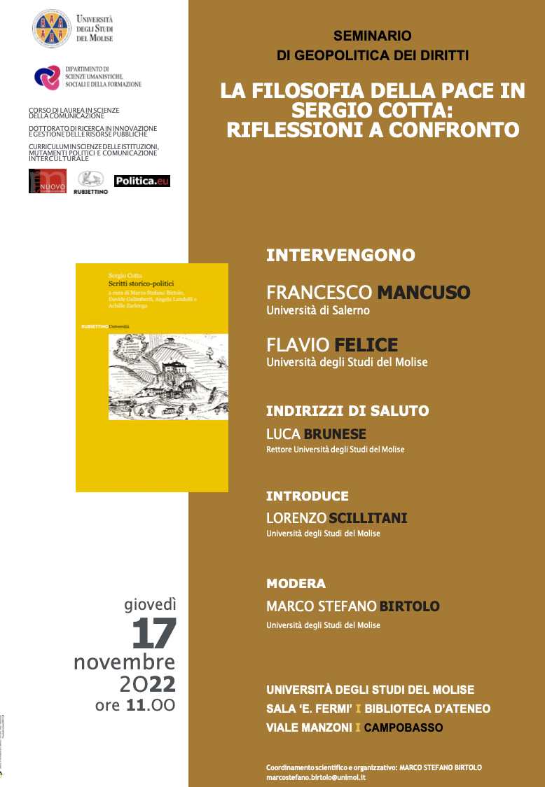 (Italiano) 17 novembre 2022 – LA FILOSOFIA DELLA PACE IN SERGIO COTTA: RIFLESSIONI A CONFRONTO (Italiano) 17 novembre 2022 – LA FILOSOFIA DELLA PACE IN SERGIO COTTA: RIFLESSIONI A CONFRONTO