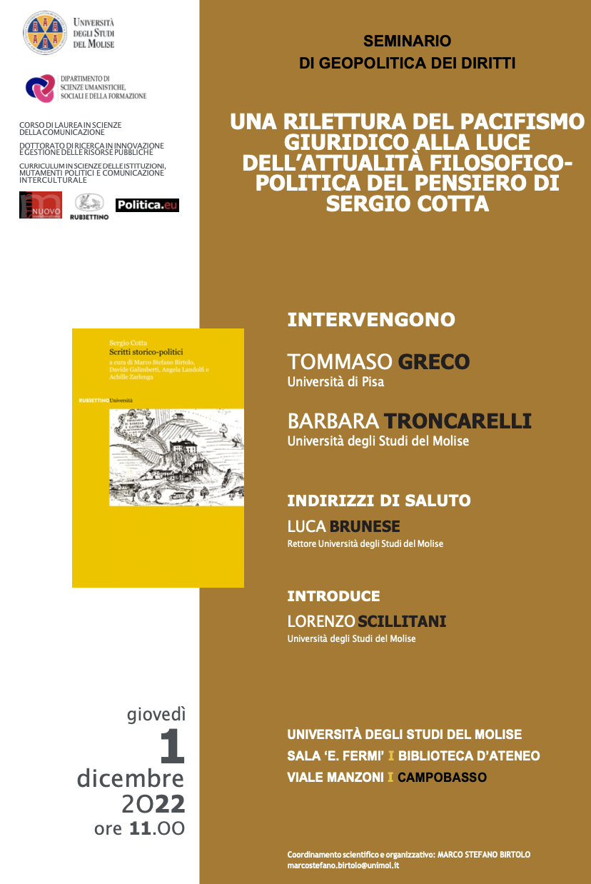 (Italiano) 1 dicembre 2O22 – Una rilettura del pacifismo giuridico alla luce dell’attualità filosofico- politica del pensiero di sergio cotta (Italiano) 1 dicembre 2O22 – Una rilettura del pacifismo giuridico alla luce dell’attualità filosofico- politica del pensiero di sergio cotta