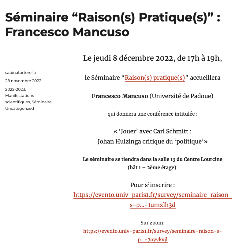 (Italiano) 8 dicembre 2022 – ‘Jouer’ avec Carl Schmitt : Johan Huizinga critique du ‘politique’