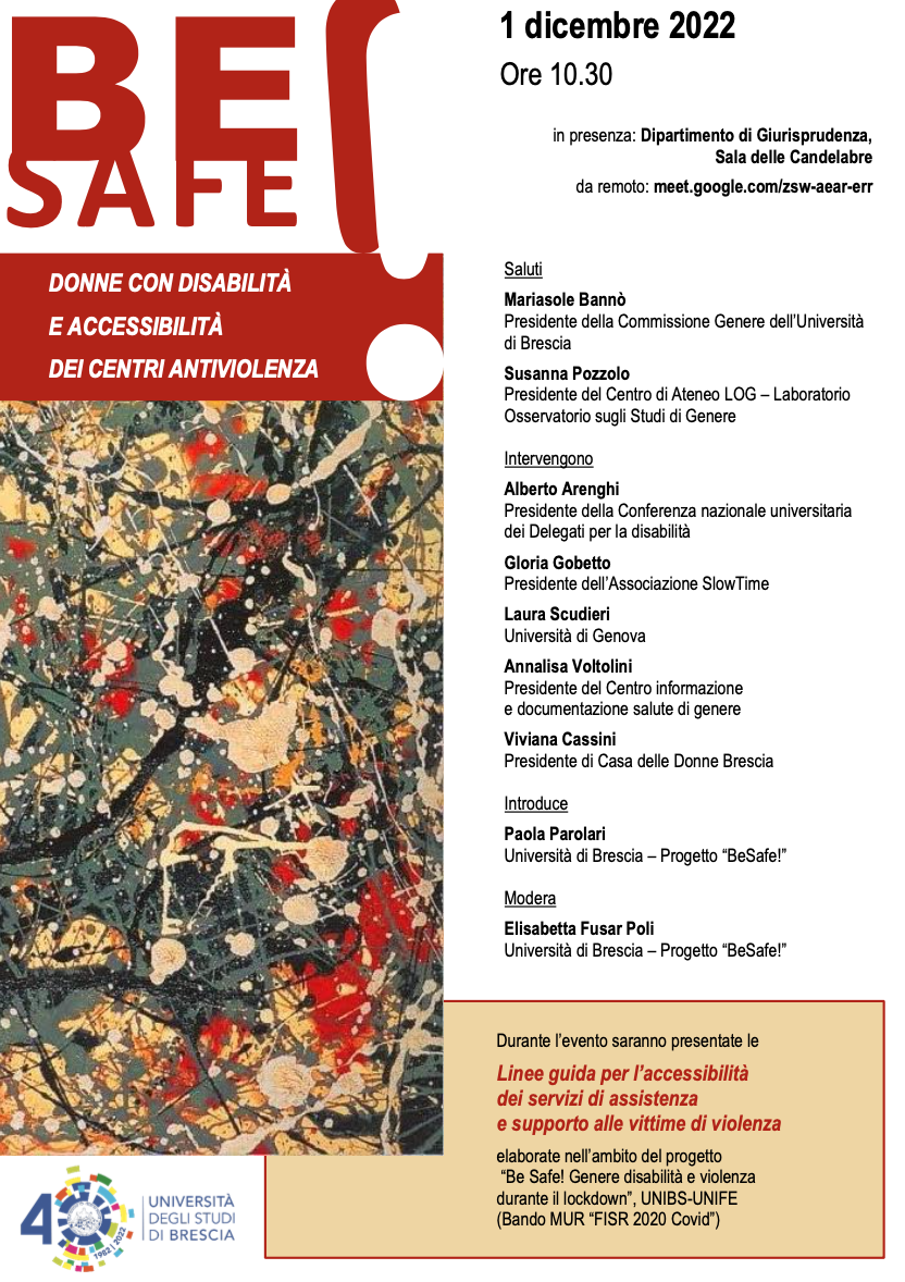 (Italiano) 1 dicembre 2022 – “BeSafe!”: donne con disabilità e accessibilità dei centri antiviolenza (Italiano) 1 dicembre 2022 – “BeSafe!”: donne con disabilità e accessibilità dei centri antiviolenza