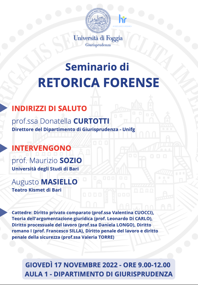 (Italiano) 17 novembre 2022 – Seminario di retorica forense (Italiano) 17 novembre 2022 – Seminario di retorica forense