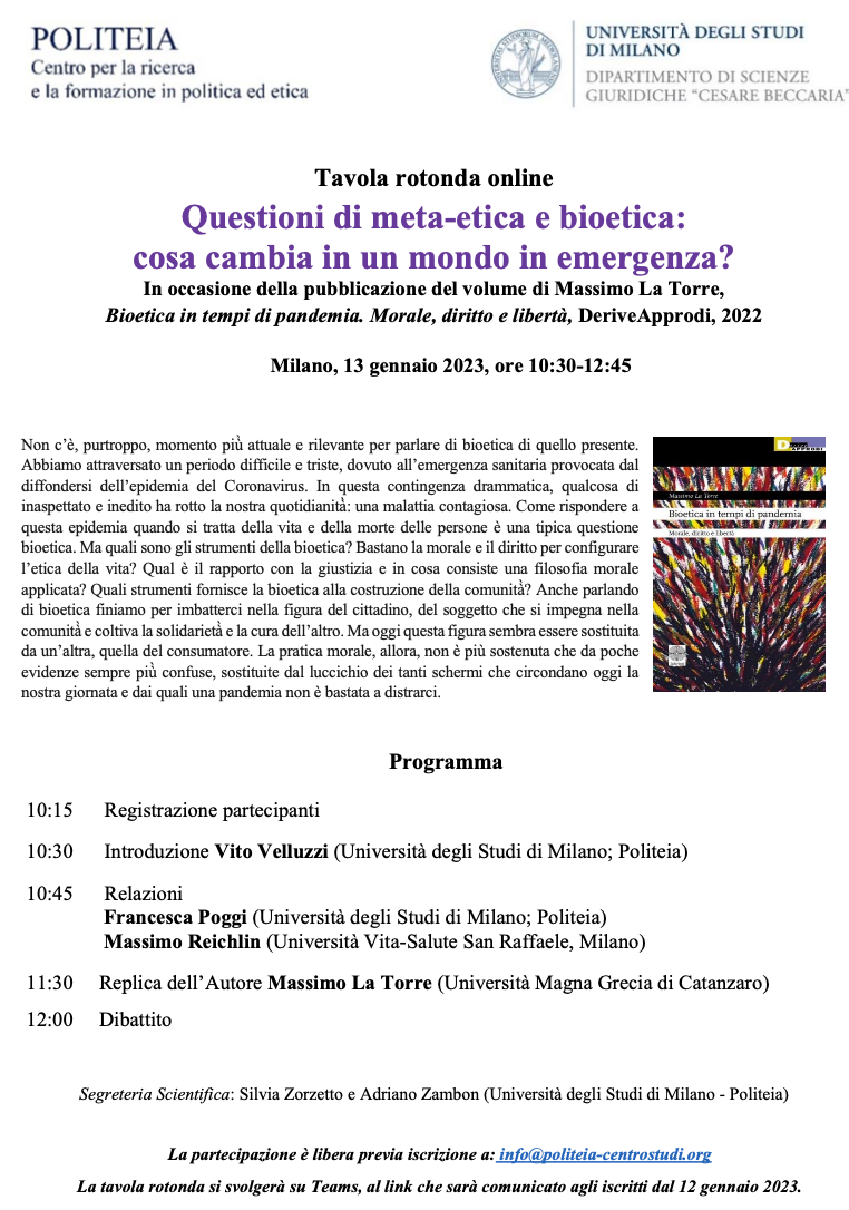 (Italiano) 13 gennaio 2023 – Questioni di meta-etica e bioetica: cosa cambia in un mondo in emergenza?