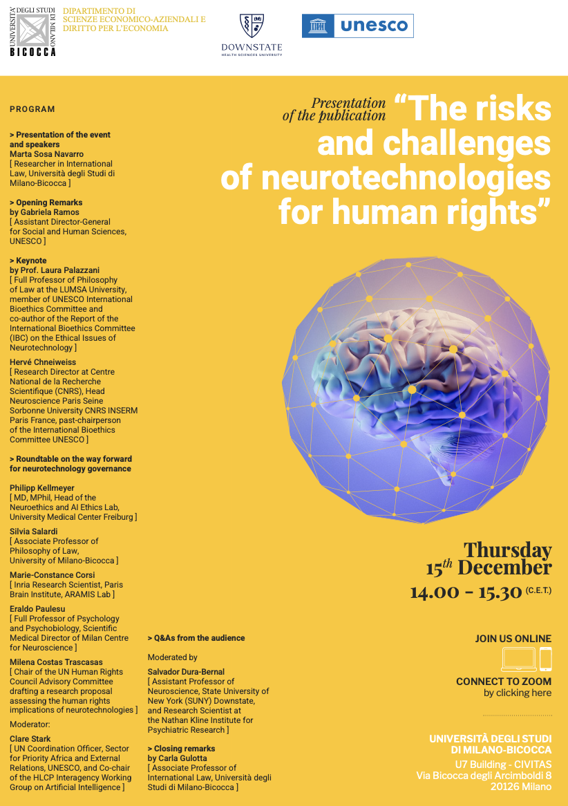 (Italiano) 15 dicembre 2022 – Presentation of the publication “The risks and challenges of neurotechnologies for human rights”