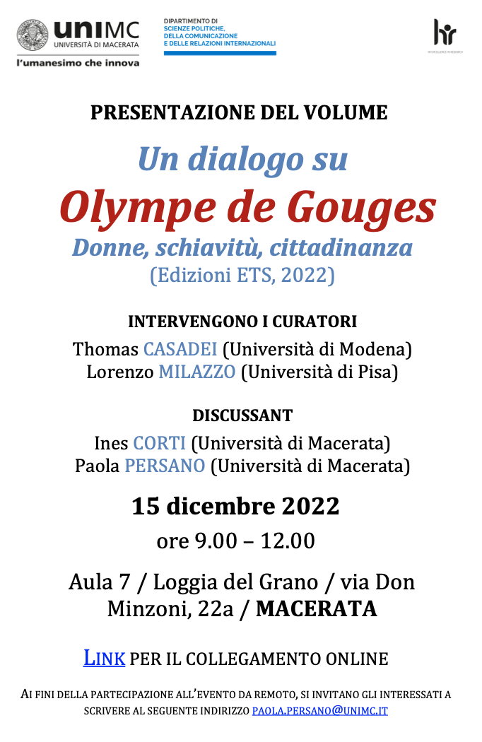 (Italiano) 15 dicembre 2022 – Un dialogo su Olympe de Gouges. Donne, schiavitù, cittadinanza