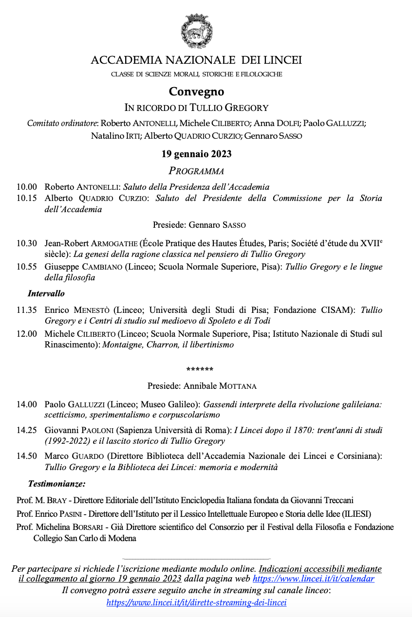 (Italiano) 19 gennaio 2023 – IN RICORDO DI TULLIO GREGORY